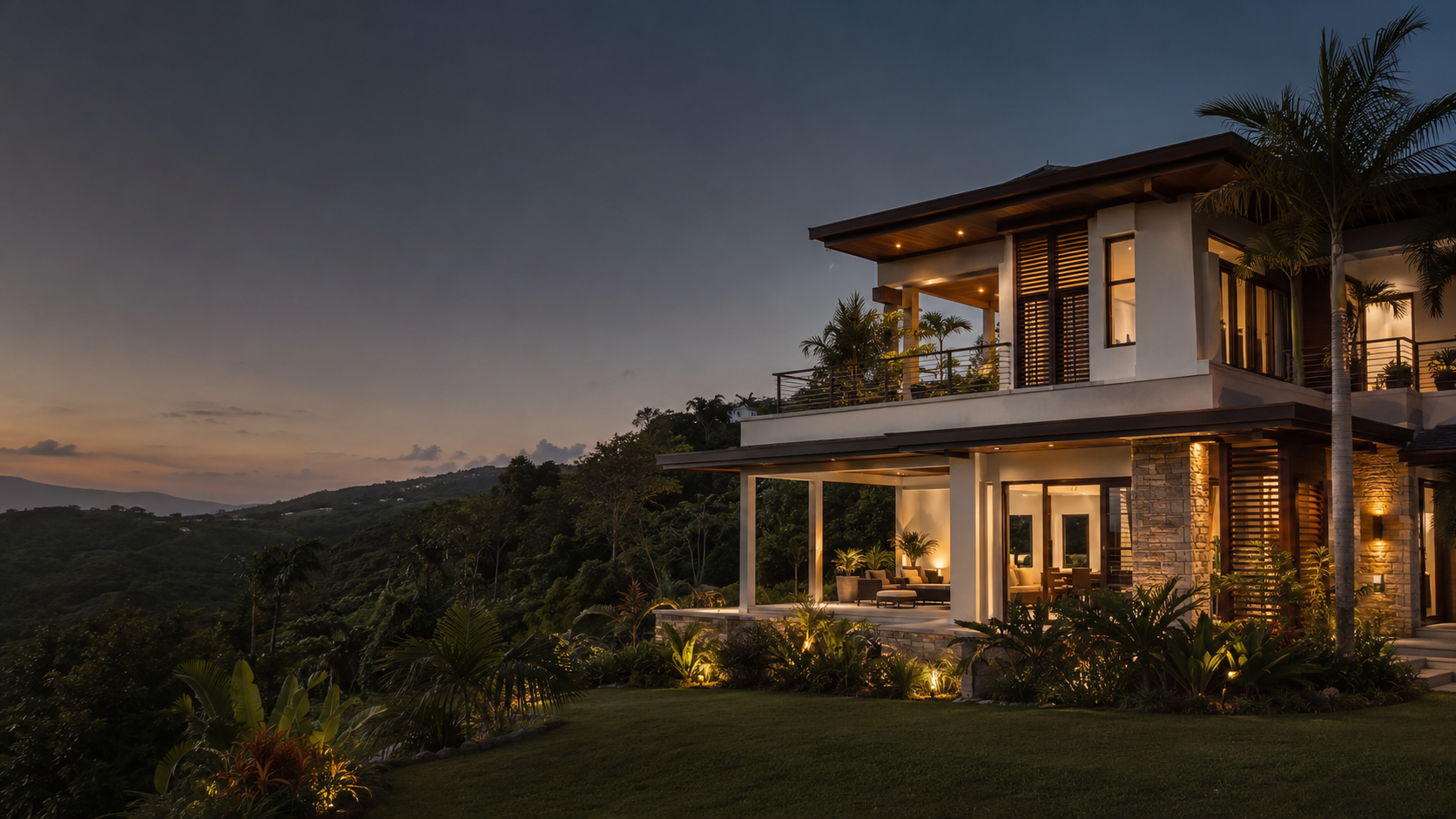 Contemporary Jamaican hillside residence at dusk